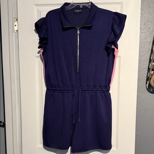 SSYS Navy Ruffled Sleeve Zip-Front Romper with Pink Accents